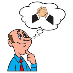 Thinking about a Cool Handshake - A cartoon illustration of a man thinking about a Cool Handshake.