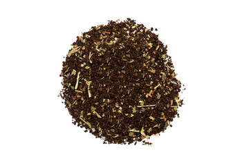 Dry tea with various additives on white background, top view