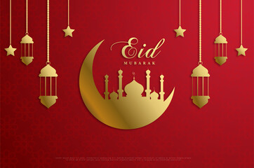 Realistic eid mubarak background with moon and stars on red background.