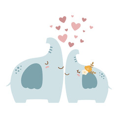 Cute elephant couple in love. Cartoon elephants vector illustration.