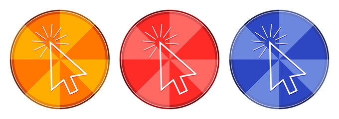 Cursor click icon burst light round button set illustration