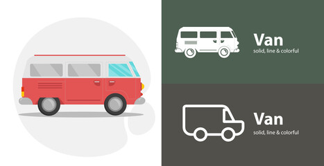 mini van isolated tool flat icon with van solid, line icons