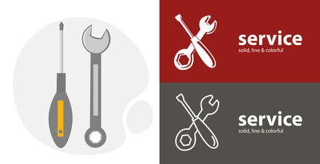 service icon. repair design isolated tool flat icon with screwdriver and wrench solid, line icons