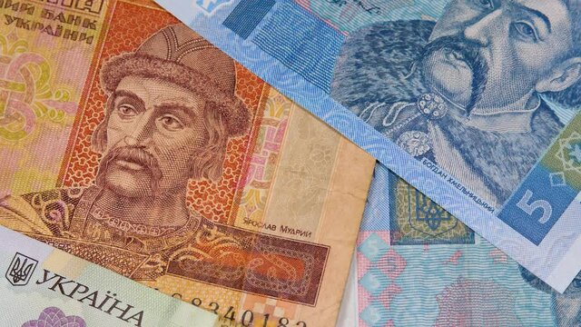 National currency of Ukraine hryvnia UAH. Face of Grand Prince of Kievan Rus Yaroslav the Wise. Portrait of hetman Bohdan Khmelnytsky on paper bill. Hryvna or hryvnya