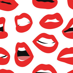 Seamless pattern with Sexy Female Lips with Matt Red Lipstick. Flat Style Vector Fashion Illustration Woman Mouth Background. Gestures Collection Expressing Different Emotions