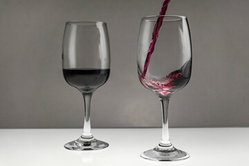 Red wine is poured from a bottle into a glass on a blurred background, close-up.