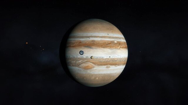 Jupiter and moons, Ganymede and Europe, planets of the solar system, Voyager, space and stars, realistic 3D graphics, 3D Render, video, moving stars, space, planets, stars