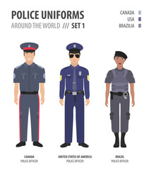 Police uniforms around the world. Suit, clothing of american police officers vector illustrations set
