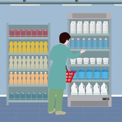 Person with a shopping basket near the supermarket shelves with drinks and dairy products, vector