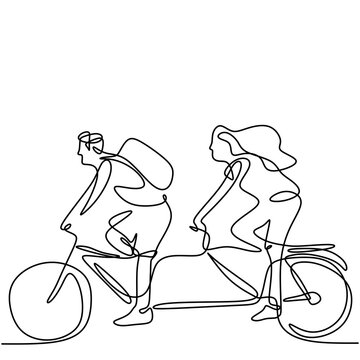 Continuous line drawing of young man and woman riding bicycles hand-drawn line art minimalism style on white background. Energetic male and female rides a bike. Healthy lifestyle concept