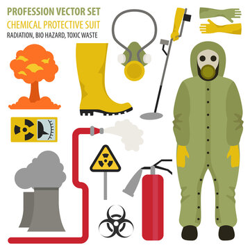 Profession and occupation set. Chemical protective suit flat design icon. The rescuer eliminates radiation, toxic waste.