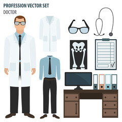 Profession and occupation set. Doctor`s workplace, medical staff uniform flat design icon