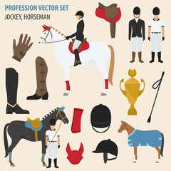 Profession and occupation set. jockey  equipment, horseman flat design icon
