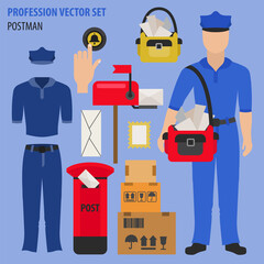 Profession and occupation set. Postman`s equipment, uniform flat design icon