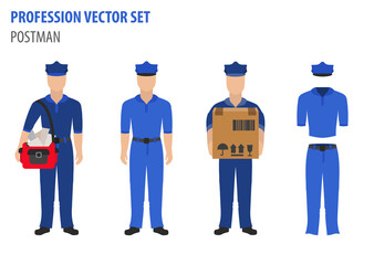 Profession and occupation set. Postman`s equipment, uniform flat design icon