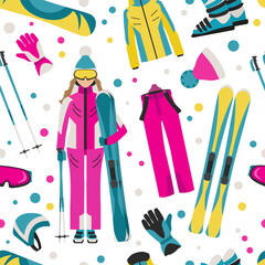Sporting gear set. Ski equipment and skier woman seamless pattern
