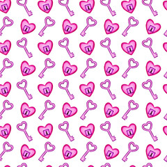 Seamless pattern with pink hearts and keys on white background. Romantic hand painted watercolor illustration. Valentines day wrapping paper, scrapbook page, wallpaper, fabric, textile designs.