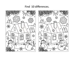 Find 10 differences visual puzzle and coloring page with cabin in winter with two snowmen
