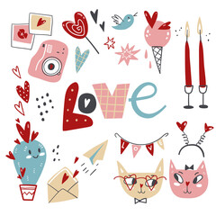 Doodle collection of Valentines Day symbols and elements. Characters, objects, gifts and decorations in cute simple style