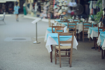 abstract blurred background street cafe in the city, no people, empty, summer restaurant quarantine