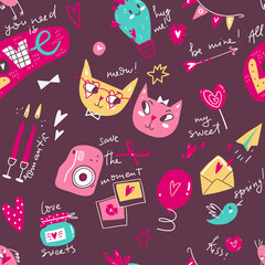 Doodle seamless pattern with Valentines Day symbols and elements. Characters, objects, gifts, lettering and decorations in cute simple style