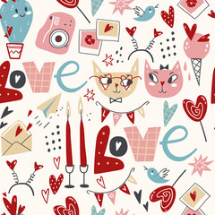 Doodle seamless pattern with Valentines Day symbols and elements. Characters, objects, gifts, lettering and decorations in cute simple style