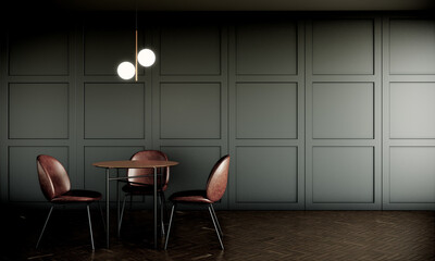 mock up modern classic style room with wooden chair and table. green room design. 3D illustration background.