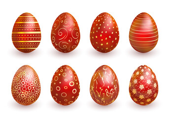 Red Easter eggs wtth doodle gold geometry patterns on white background. Vector illustration set for holiday Easter card