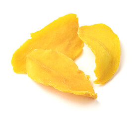 yellow dried mango plate, chips isolated against white background.