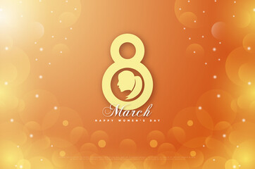 8 march background. international happy women's day. with a number decorated with flowers on an orange background.