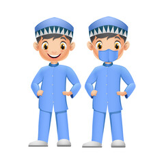 Cute two boys in blue Muslim clothes with face mask