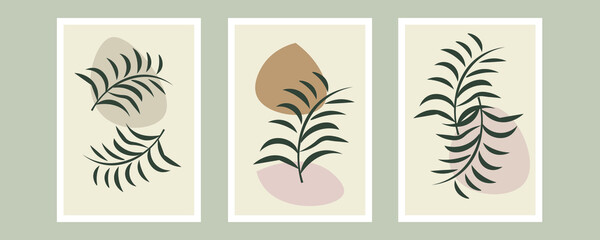 Botanical wall art vector set. Foliage line art drawing with abstract shape. Abstract Plant Art design for print, cover, wallpaper, Minimal and natural wall art. Vector illustration.
