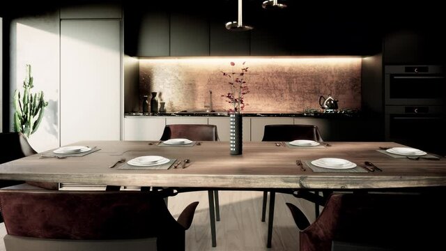 retro dining room interior design, contemporary apartment concept, pan left shot, video 4k 3d animation