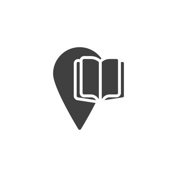 Bookstore location pin vector icon. Map marker with book filled flat sign for mobile concept and web design. Library location point glyph icon. Symbol, logo illustration. Vector graphics