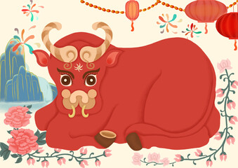 Illustration of Spring Festival in the year of the ox
