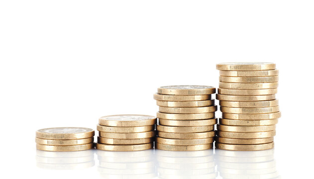 Increasing euro coins on white background