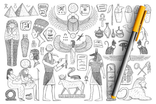 Ancient Egyptian symbols doodle set. Collection of hand drawn pyramids, pharaoh, priest, religious signs and holy sacred symbols isolated on transparent background. Illustration of Ancient Egypt