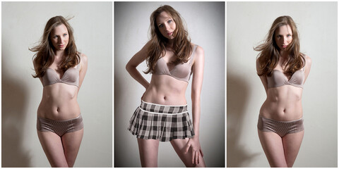 Three photos of a gorgeous slim model wearing a bikini and a squared miniskirt in front of a bright wall