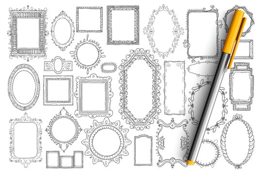 Mirrors and frames doodle set. Collection of hand drawn elegant vintage mirrors of different styles and shapes isolated on transparent background. Illustration of interior decorative accessories