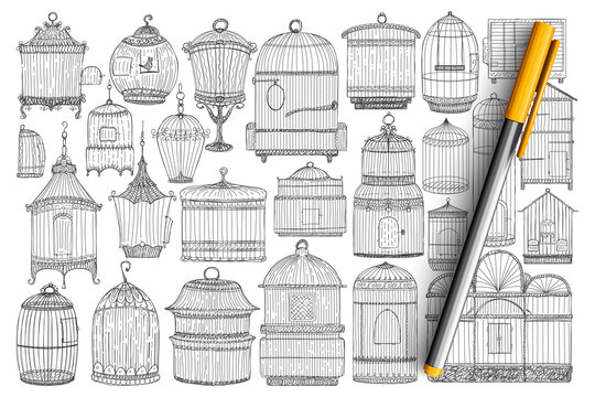 Cages for birds doodle set. Collection of hand drawn elegant vintage cages for birds for home or garden of different styles and shapes isolated on transparent background. Illustration of animal house