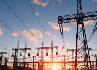 High voltage electric transmission tower. Distribution electric substation with power lines and...