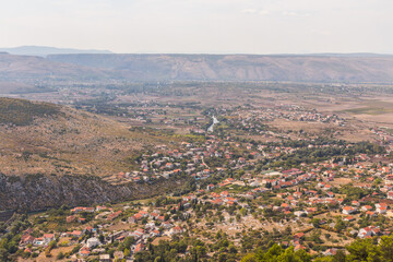 View from the top of the mountain on the town of Blagaj on a sunny day. Bosnia and Herzegovina