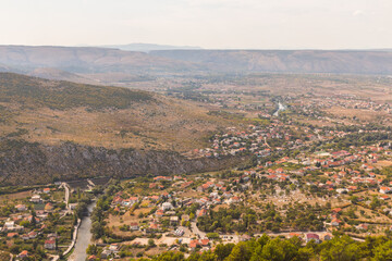 View from the top of the mountain on the town of Blagaj on a sunny day. Bosnia and Herzegovina