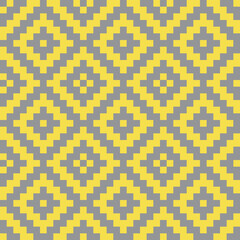 Geometric seamless pattern with gray pixel art rhombus on yellow background. Abstract diamond vector pattern. Simple vector illustration. Geometric zigzag design for fabric, wallpaper, textile