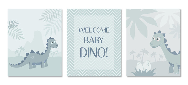 Cute dinosaur kids cards set, baby blue jurassic dino illustrations