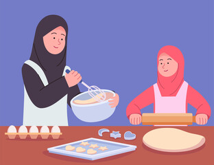 Arabian Mother Baking Together With Daughter Flat Illustration