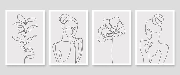 Fototapeta na wymiar One Line Drawing of Woman and Flowers Prints Set. Creative Contemporary Abstract Line Drawing. Beauty Fashion Female Body. Vector Minimalist Design for Wall Art, Print, Card, Poster.