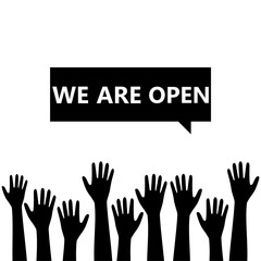 We are Open. Speech bubble with hands icon isolated on white background