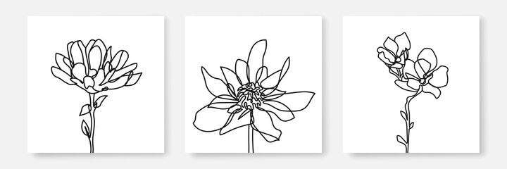 One Line Drawing of Abstract Flowers Prints Set. Modern Minimalist Single Line Art, Flowers, Aesthetic Contour. Great for Poster, Wall art, Prints, t-shirt, Sticker, Logo, Banner. Vector EPS 10