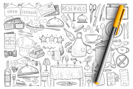 Restaurant and cafe elements doodle set. Collection of hand drawn men, tables, signs, bottles and served food in restaurants isolated on transparent background. Illustration of working bistro signs